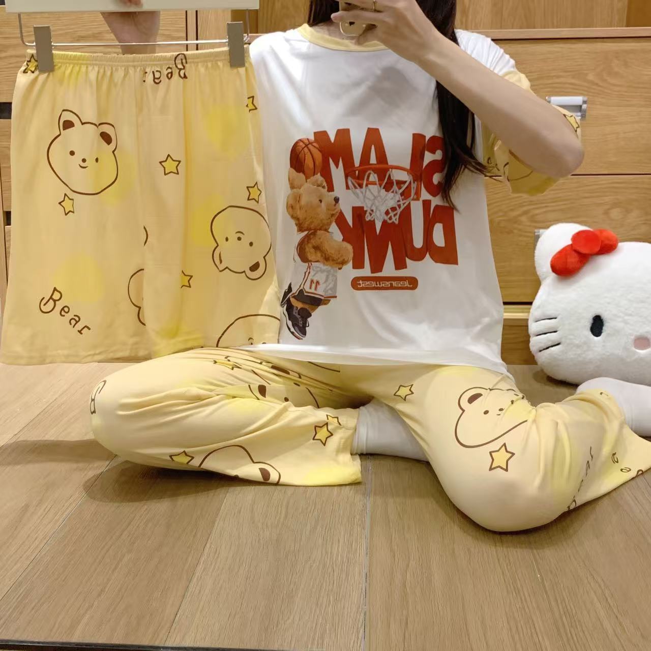 pajamas外贸工厂批发卡通夏季睡衣女短袖大码长裤三件套家居套装详情23