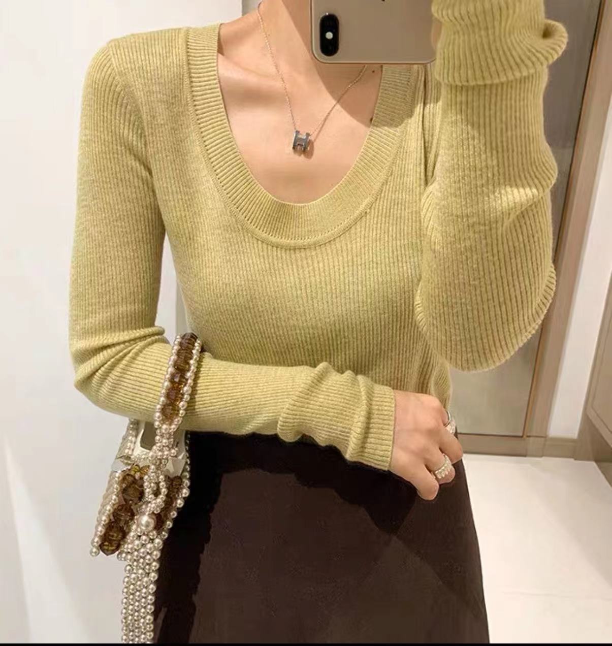 U领针织衫女韩国东大门露锁骨修身纯色安迪绒打底衫安迪绒长袖衫详情5