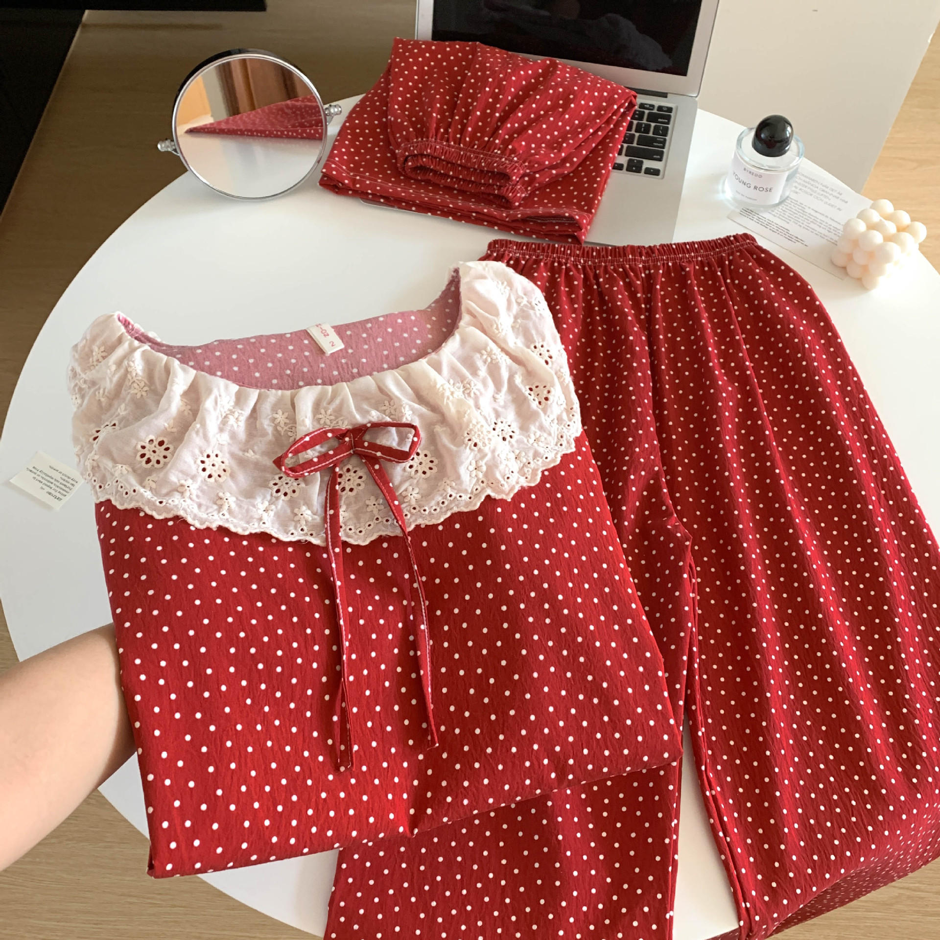 跨境外贸爆款三件套睡衣女短袖短裤长裤甜美大翻领蕾丝花边家居服详情1