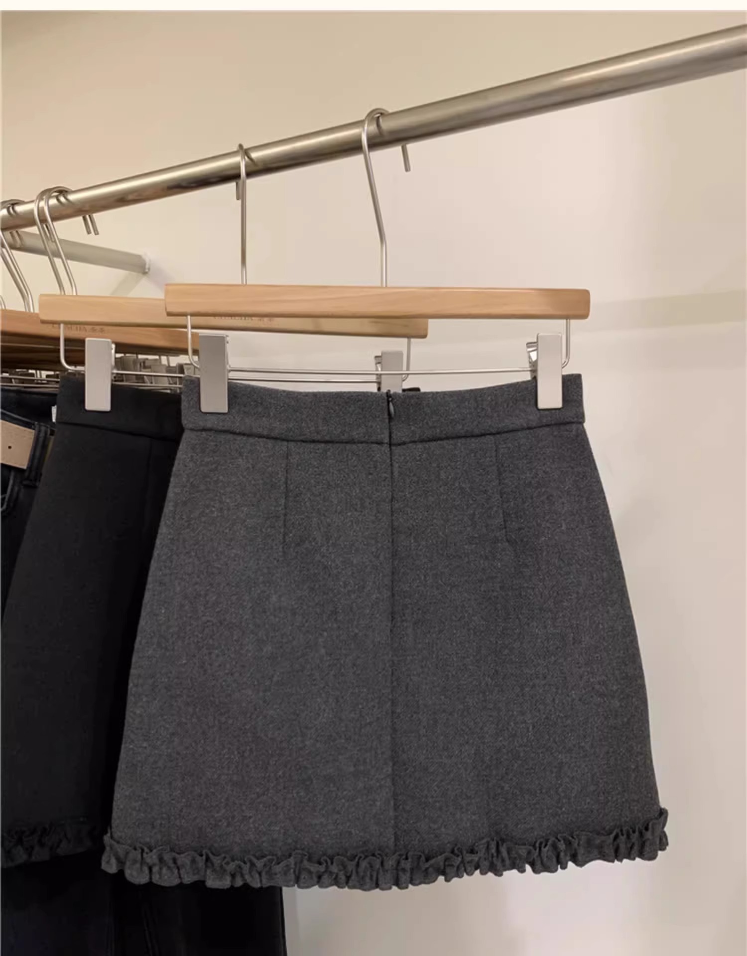 灰色毛呢半身裙女2025秋冬高腰a字包臀裙花边拼接显瘦短裙小个子详情12