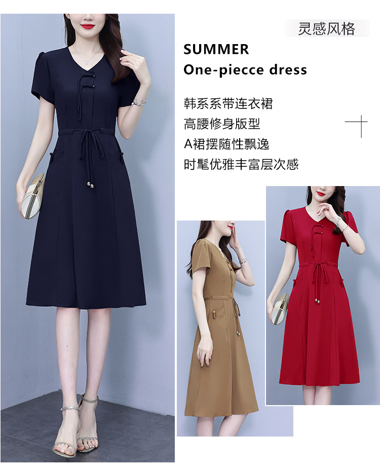 新中式V领连衣裙女2024夏季新款气质中长款收腰显瘦中年妈妈裙子详情2