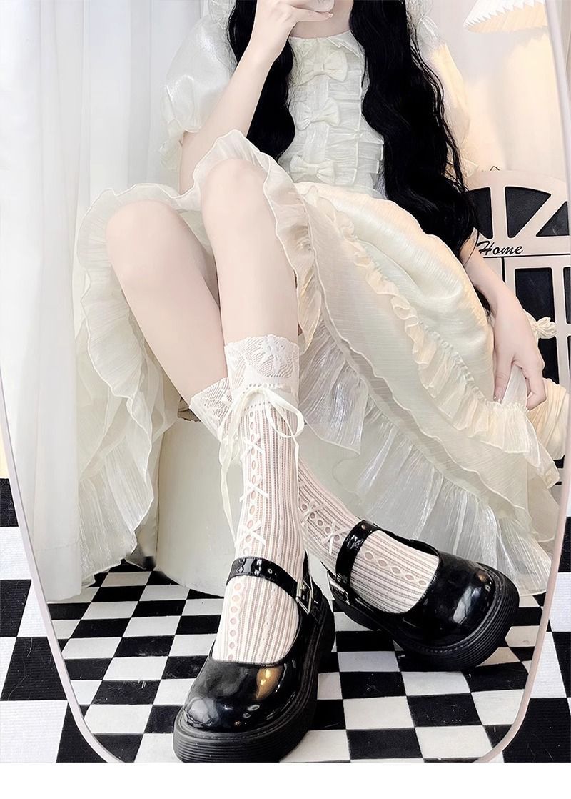 Lace-up lace stockings for women, summer thin socks for women, mid-calf lolita with cute bow lace, lace-up calf socks pic 2