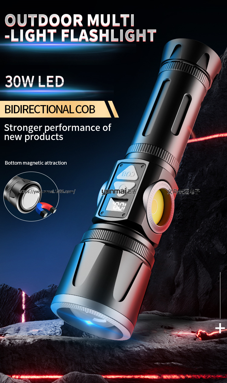 亚马逊新品LED白激光双面COB多色温手电筒带数字电量显示强光手握式照明工具详情22