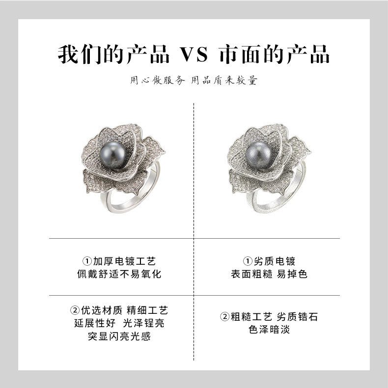 A light luxury and high-end grey pearl camellia open ring, a copper alloy slightly inlaid zircon adjustable index finger ring pic 18