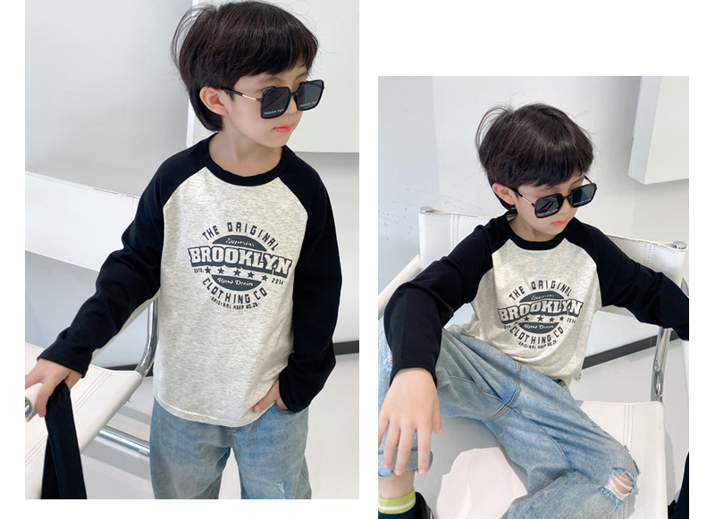 Niño polainas de manga larga manga raglan tops niños sueltos camiseta de algodón para hombres manga de patchwork para niños korean version t-shirt pic 3