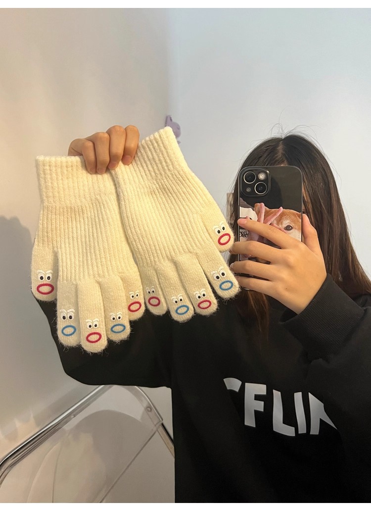 秋冬天毛线可爱针织卡通保暖五指可触屏韩版季露指学生手套女冬季详情10