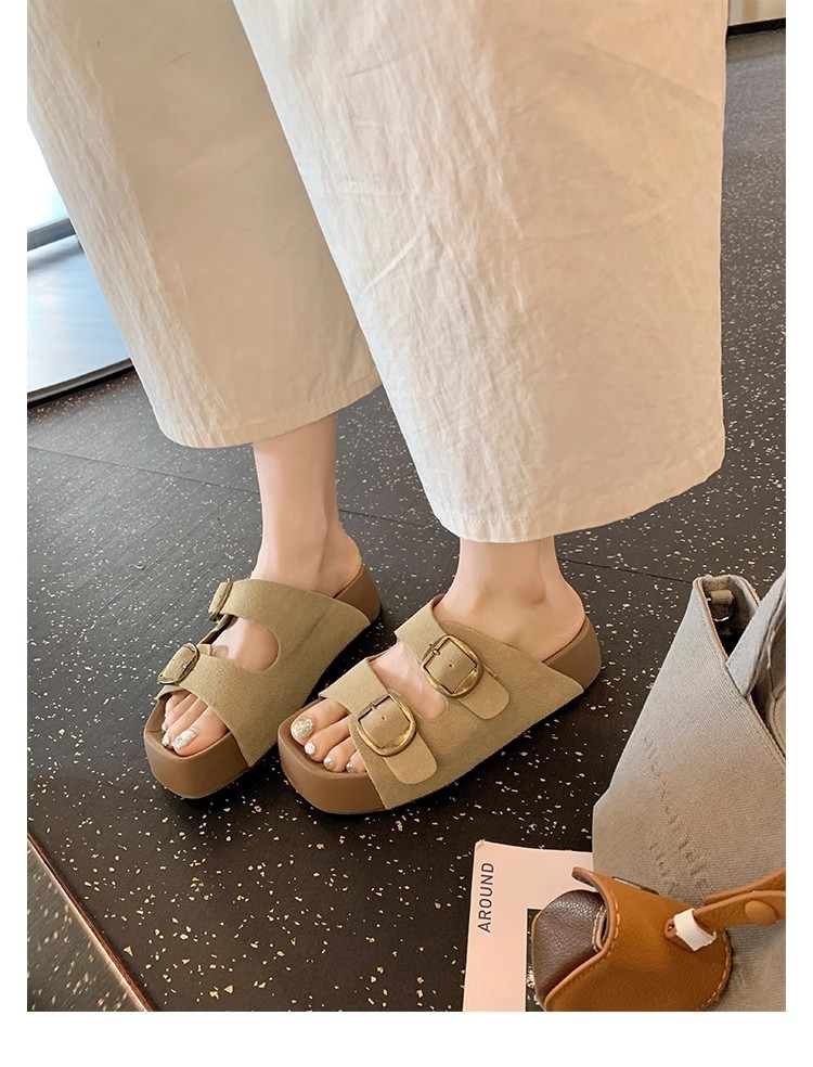 葡萄妈同款~ 真皮牛纹双扣带4.5cm厚底百搭懒人一脚蹬凉拖鞋女夏详情16