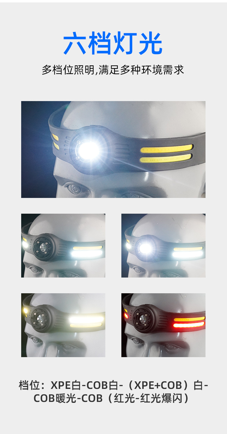 Induction headlight, LED head-mounted dual-light source night fishing headlight, USB charging running light, silicone headlight, strong light pic 8