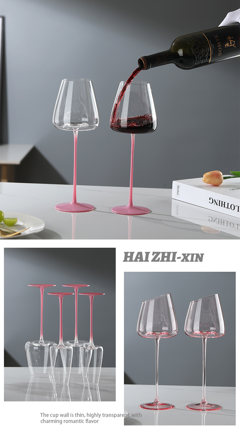 Luxurious pink high-footed red wine glass set for home use, high appearance level crystal glass Burgundy wine glass gift box pic 7