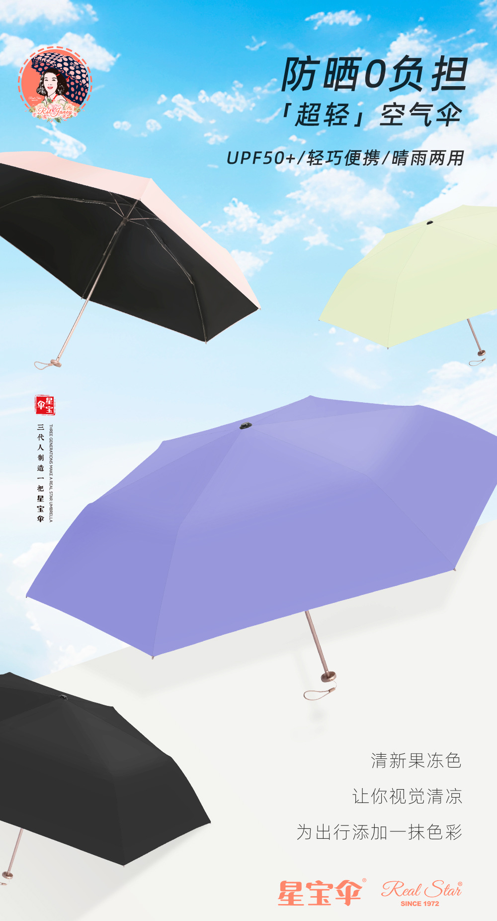 素色超轻防晒伞三折6股手动遮阳晴雨伞黑胶图层轻便雨伞详情2