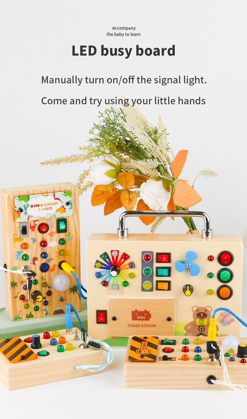 跨境爆款新品儿童早教木制led灯插座开关忙碌板玩具动手木质玩具详情1