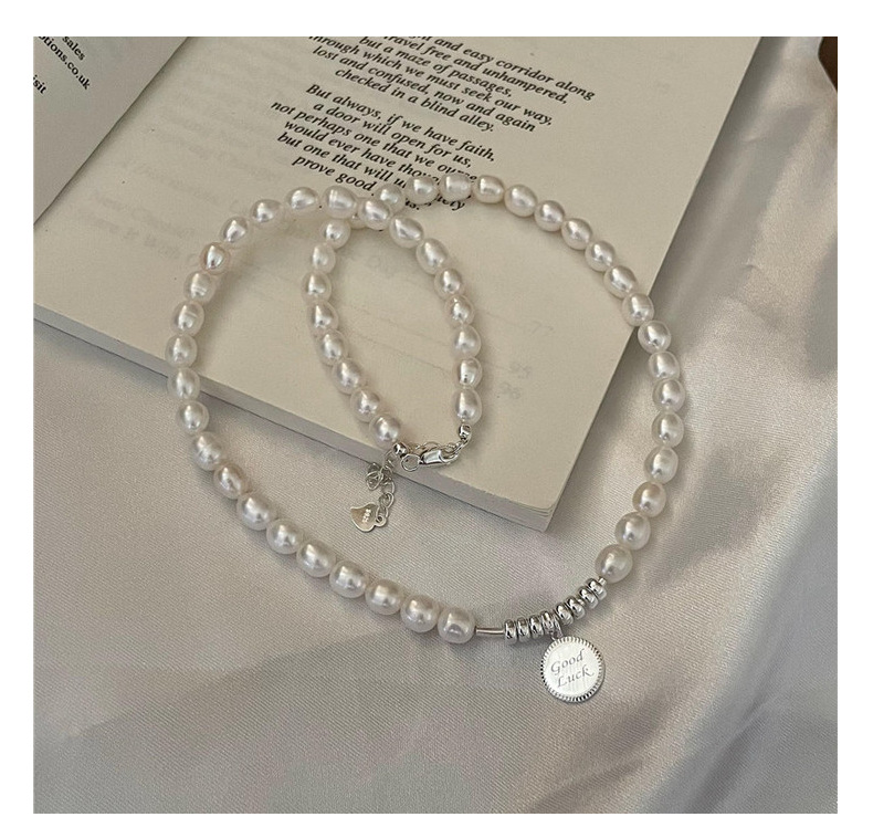 S925 sterling silver freshwater pearl vintage handcrafted Good Luck brand necklace and bracelet set, fashionable and simple collarbone chain pic 12