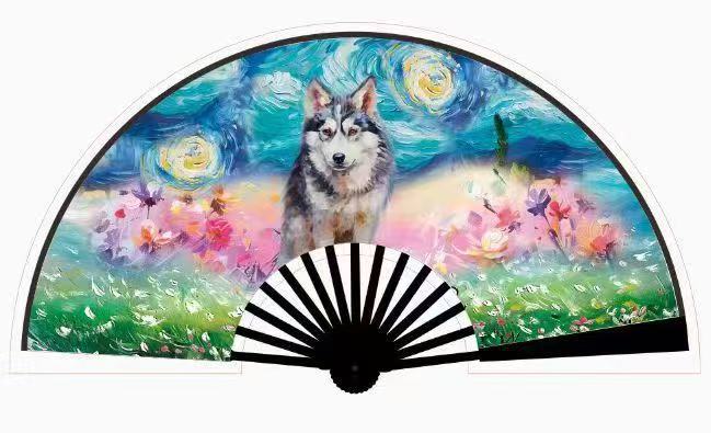 New oil painting series festival folding fans, popular hand fans in Europe and America, large fans, double-sided landscape printed fans pic 22