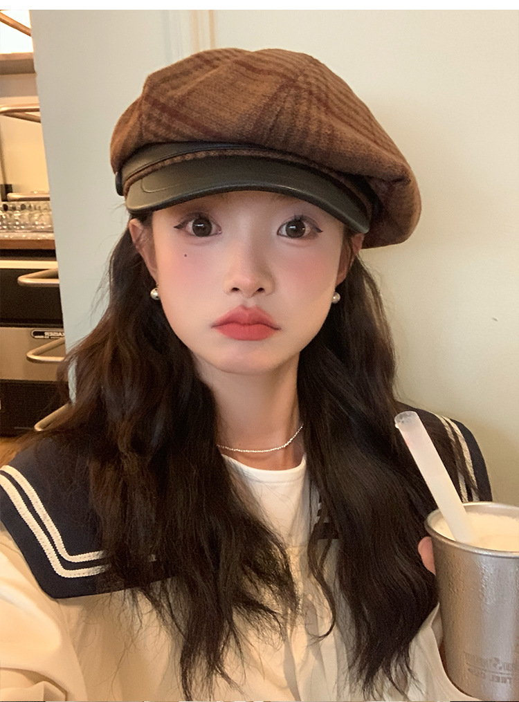Cool and elegant checkered retro British octagonal newsboy hat for women 2024 new style face-enhancing small beret pic 9