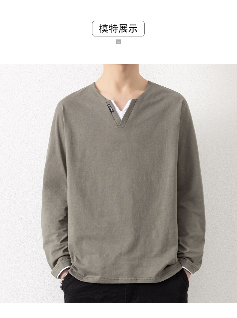 Two V-neck long-sleeved T-shirts for men, a thin spring and autumn top, pure cotton outerwear, a long Johns, a sweatshirt, and a casual base layer pic 6
