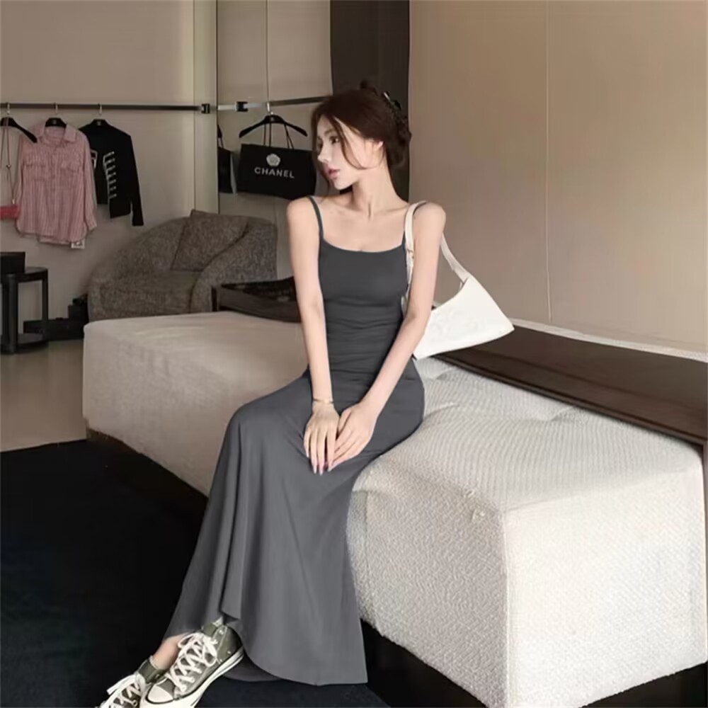 2025夏季辣妹弹力吊带连衣裙子女无袖露肩收腰显瘦一字肩打底长裙详情16