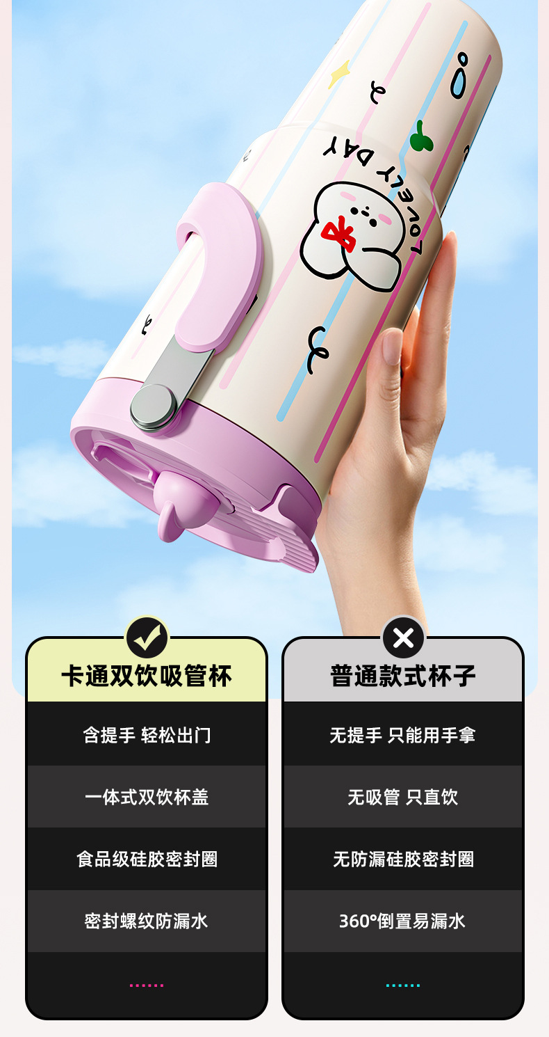 保温杯大容量杯子带吸管吸管提手高颜值卡通不锈钢水壶长效保温杯详情9