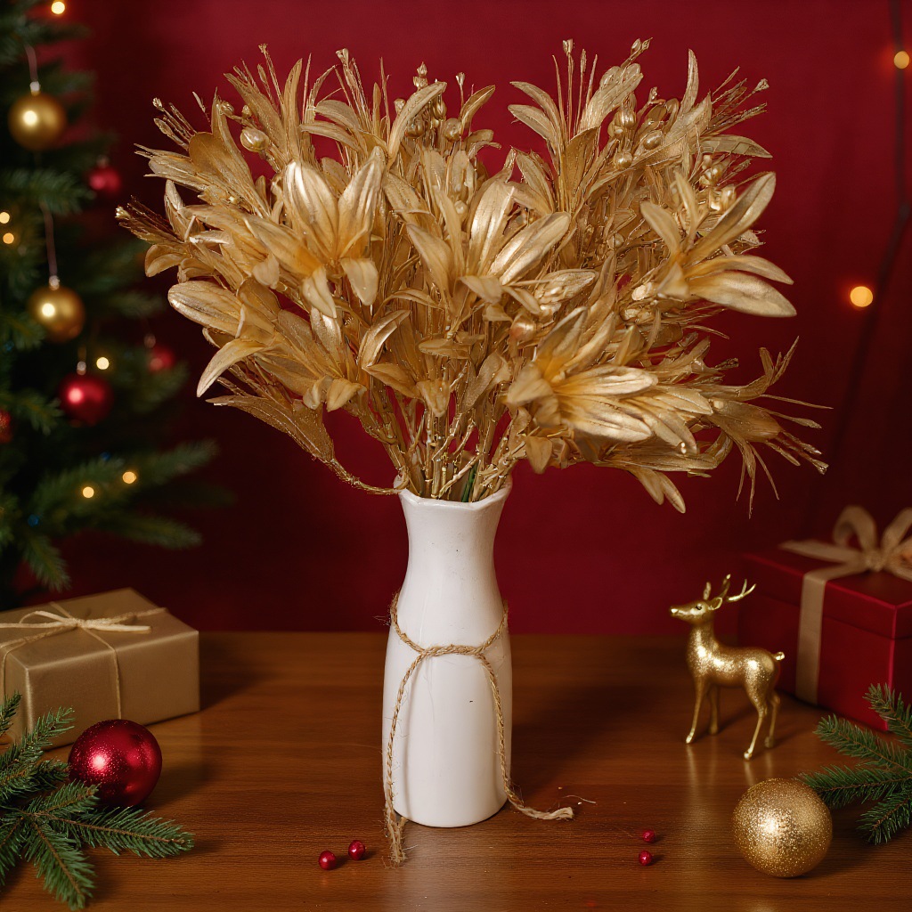 仿真金色花材单支跨境新款金色插枝插花多叉百合家居装饰厂家直销详情5