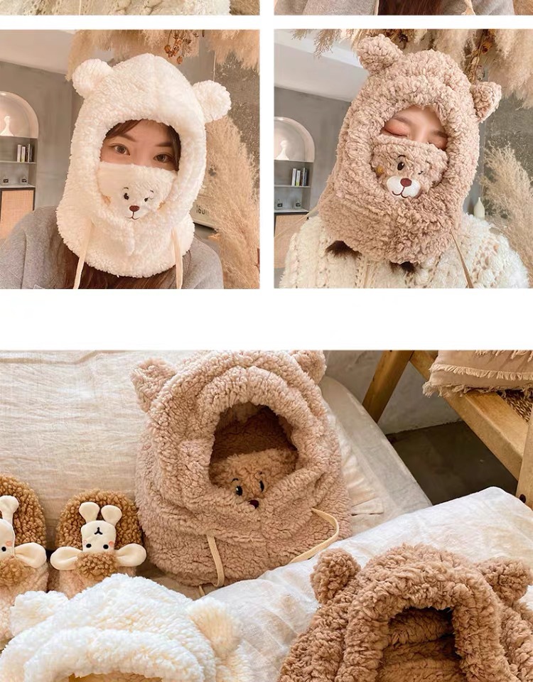 小熊帽口罩帽子围巾一体冬天女冬天骑车防寒保暖帽子女秋冬时尚帽详情7