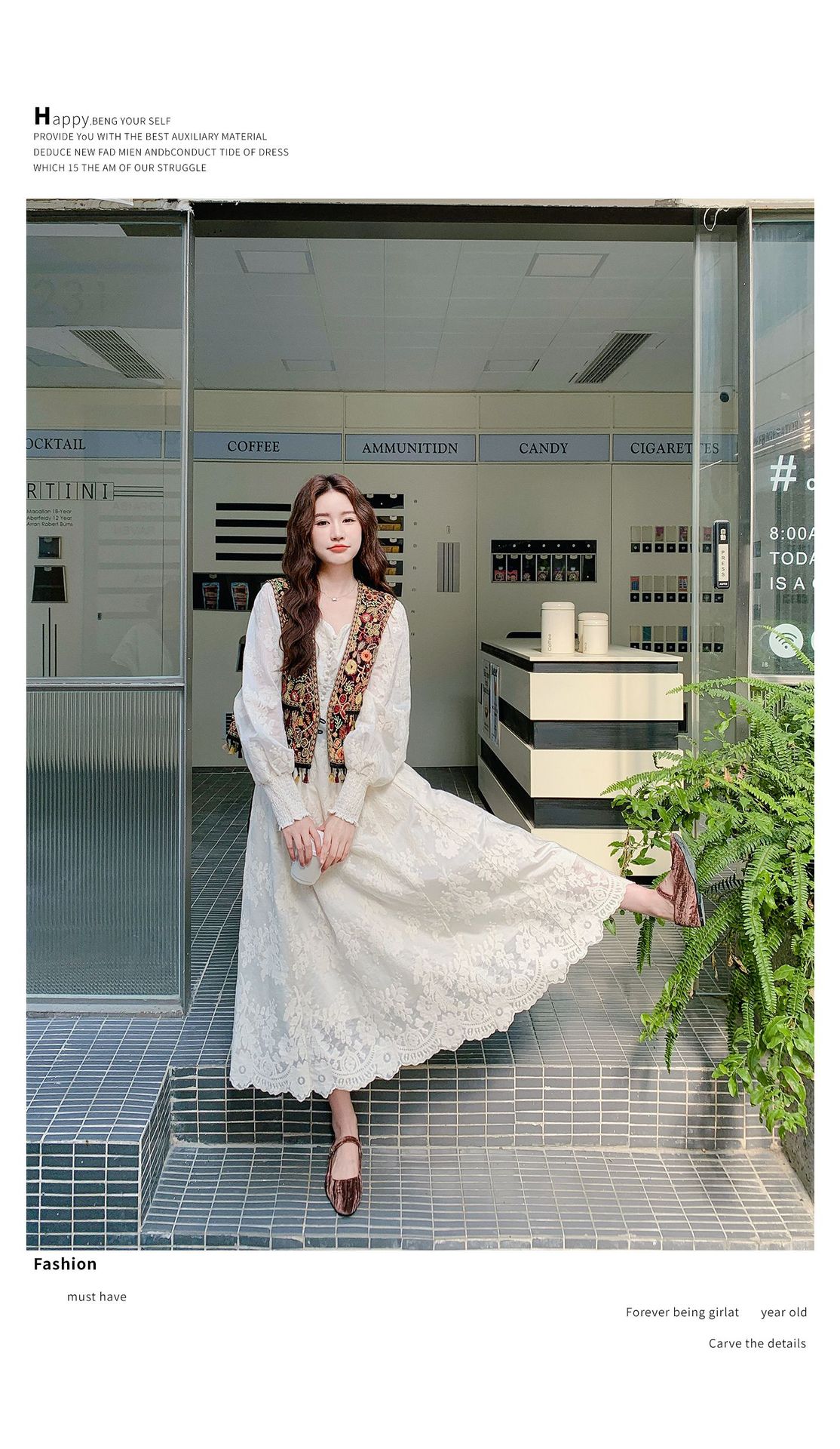 Real shot Bohemian fringed vest jacquard long dress two-piece set 2025 autumn collection lace patchwork V-neck dress pic 31