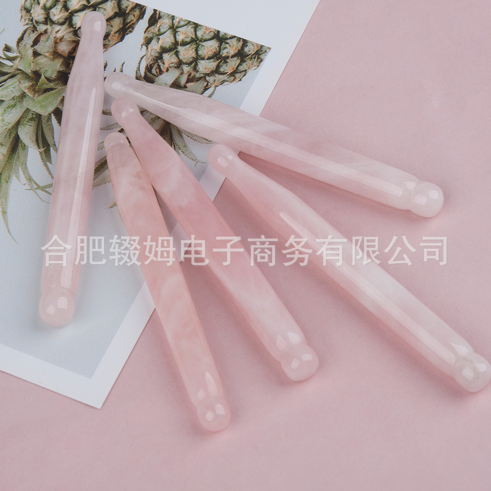 批发外贸天然粉晶玉石按摩器脸部面部刮板质感温润手工打磨穴位笔详情28
