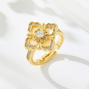 High-end natural black mother-of-pearl flower open ring, copper alloy inlaid with zircon freshwater pearls, adjustable ring ring pic 3