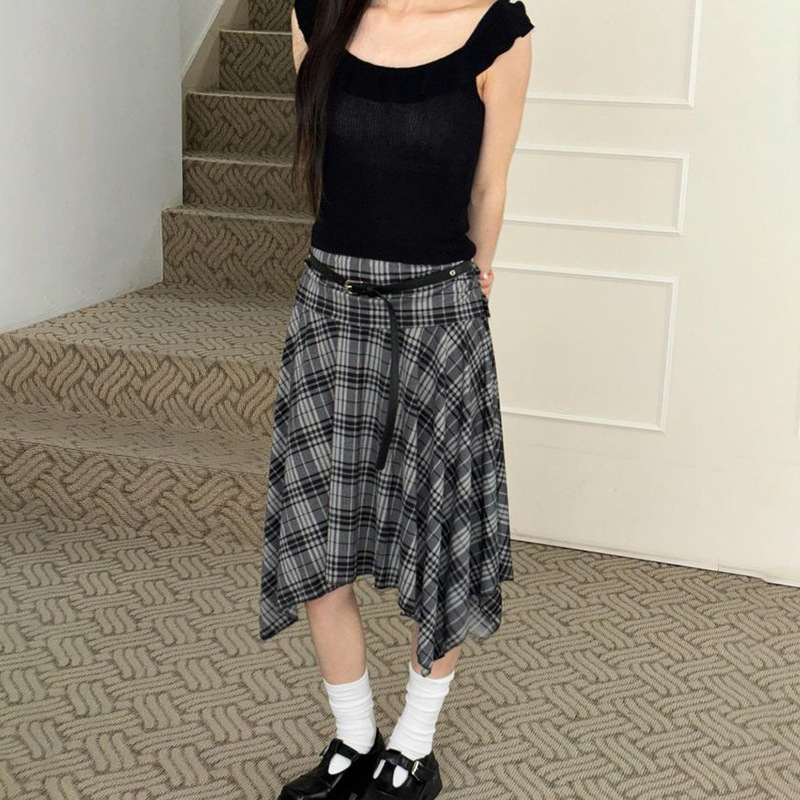 美式复古撞色格纹不规则半身裙女2024新款褶皱高腰显瘦A字中长裙详情12