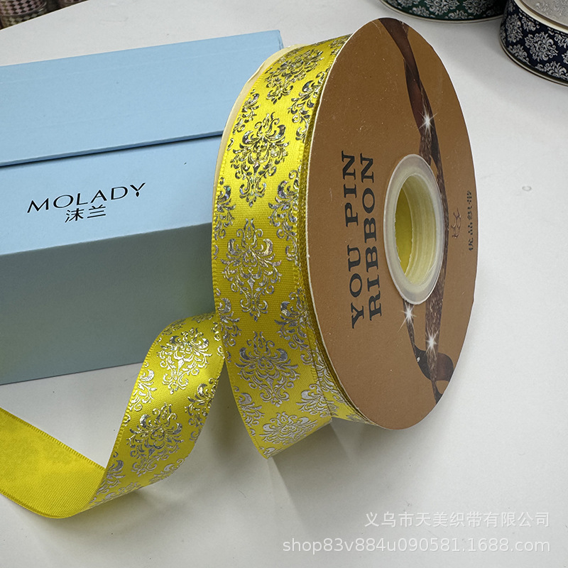 2.5cm图腾镭射烫银丝带吧唧托手工diy彩带鲜花礼品包装蝴蝶结织带详情15
