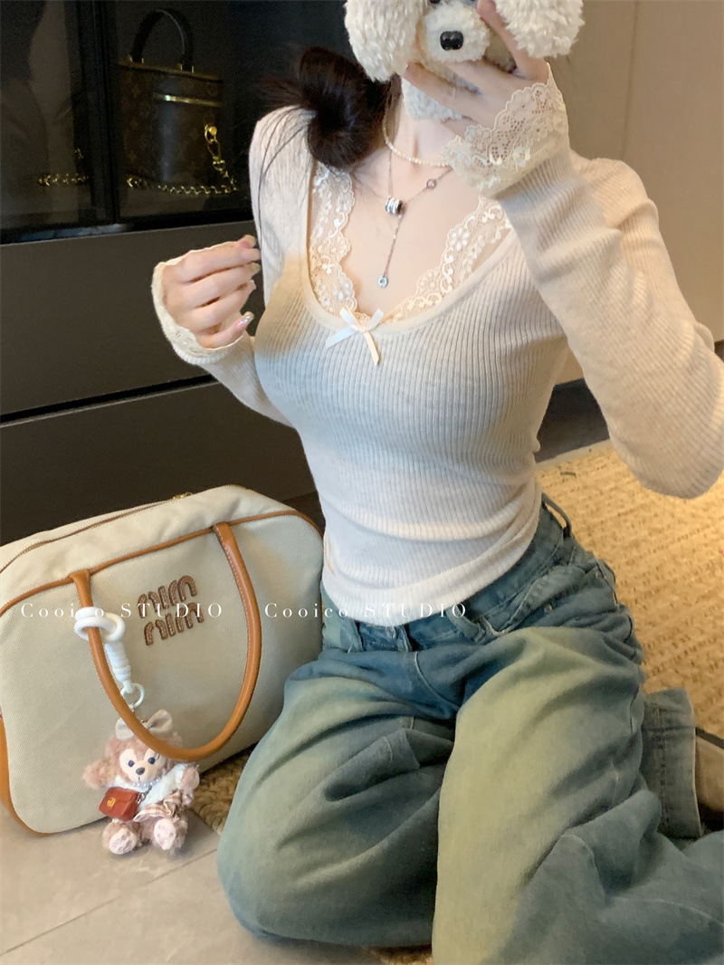 6035#复古蕾丝拼接针织衫新款修身显瘦纯欲风内搭打底长袖上衣女详情26