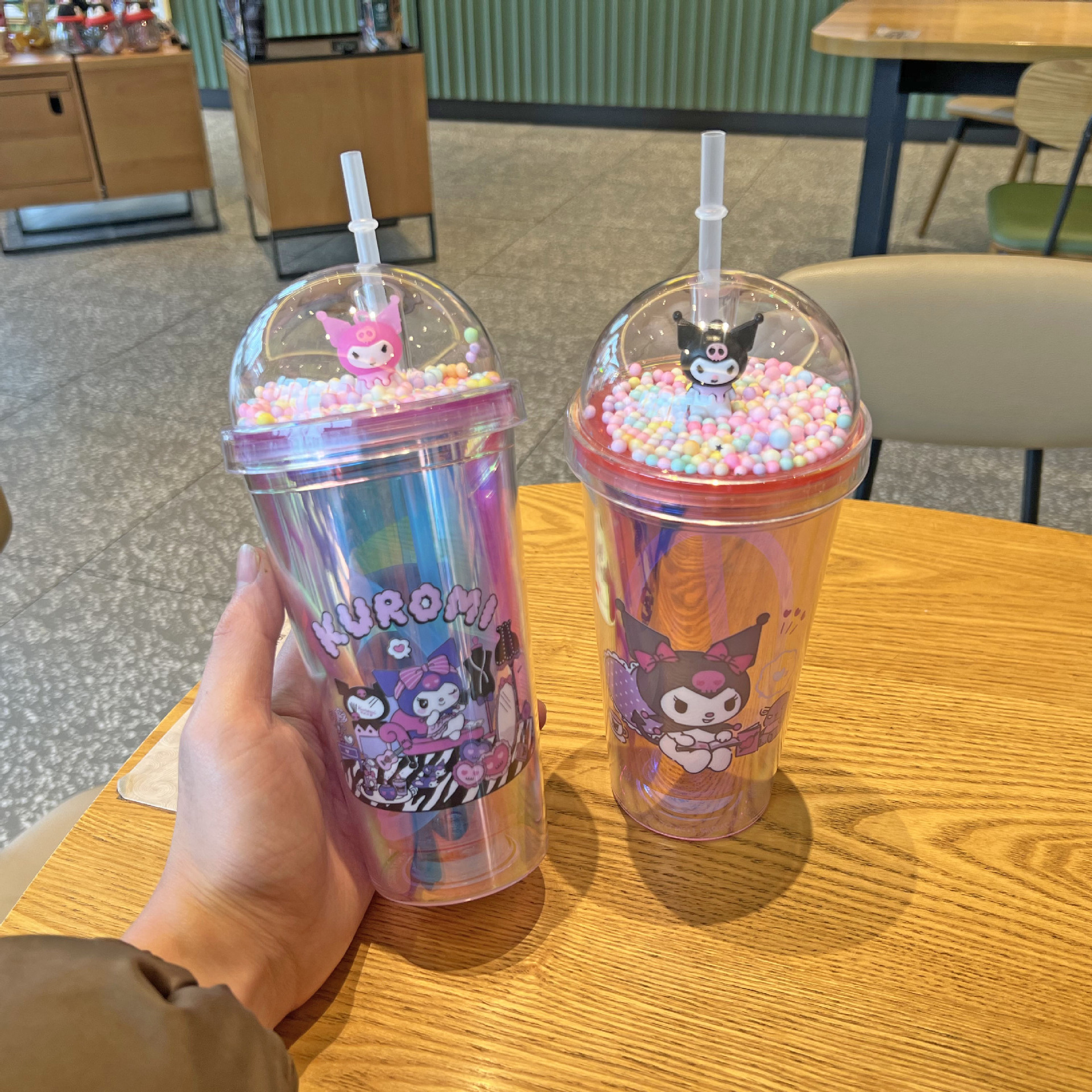 跨境新款三丽欧水杯批发双层观景塑料杯儿童卡通库洛米镭射吸管杯详情18