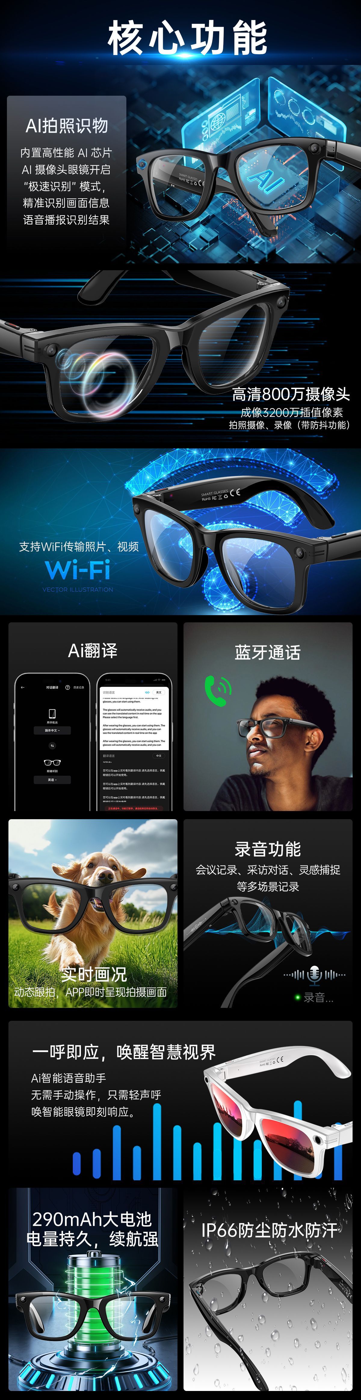 The cross-border W620 smart glasses feature 8-megapixel AI translation, photo and video shooting, and dual noise reduction and image stabilization for image transmission pic 4