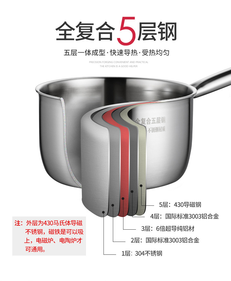 Taiban 304 stainless steel milk pot steamer, thickened five-layer steel, 14/16/18cm small pot, non-sticky for complementary food and noodles pic 13