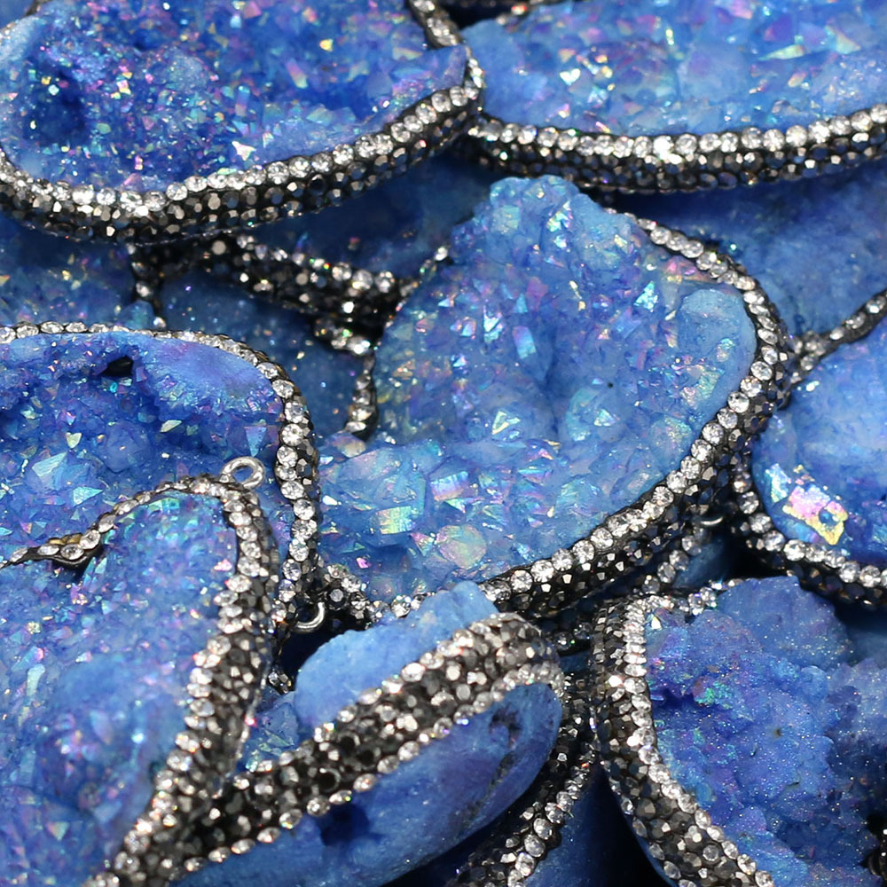 Natural semi-precious stone irregularly shaped agate crystal bud diamond-encrusted edge pendant DIY jewelry accessory, handcrafted wholesale pic 19