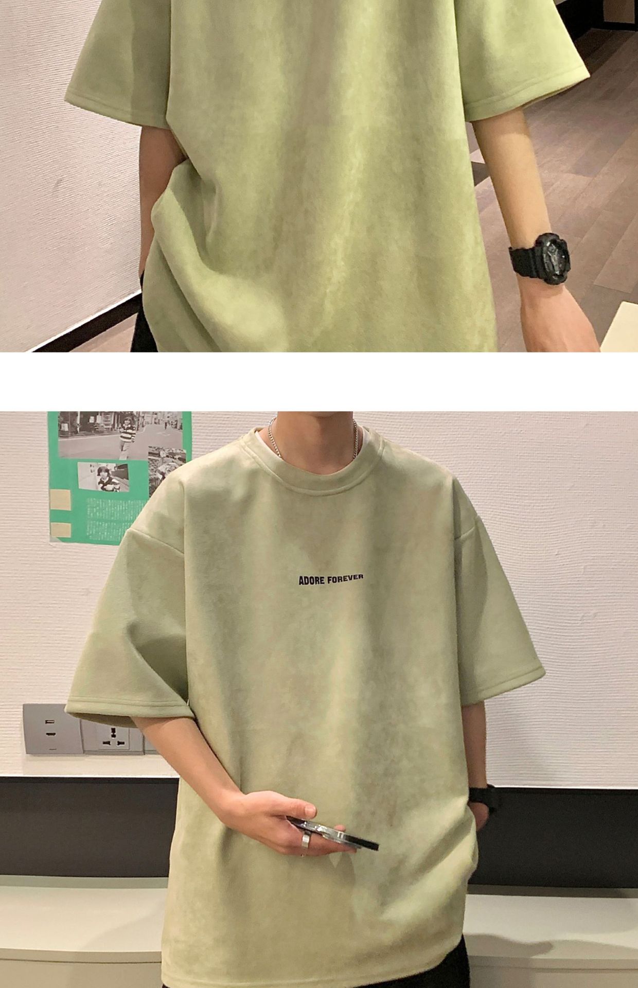 Avocado Green 320g heavyweight T-shirt for men, American retro suede short-sleeved, oversized small collar, three-quarter sleeve pic 4