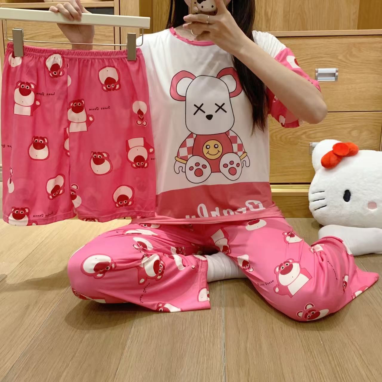 pajamas外贸工厂批发卡通夏季睡衣女短袖大码长裤三件套家居套装详情29