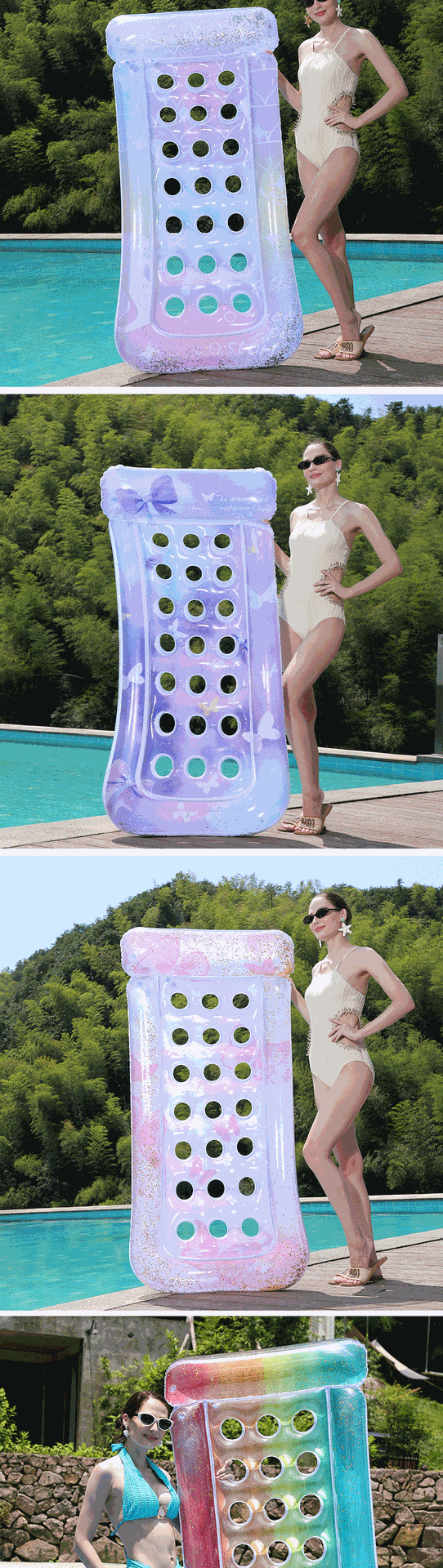 亚马逊专供水上充气浮排洞洞美人鱼泳池派对透明亮片充气浮床批发详情7