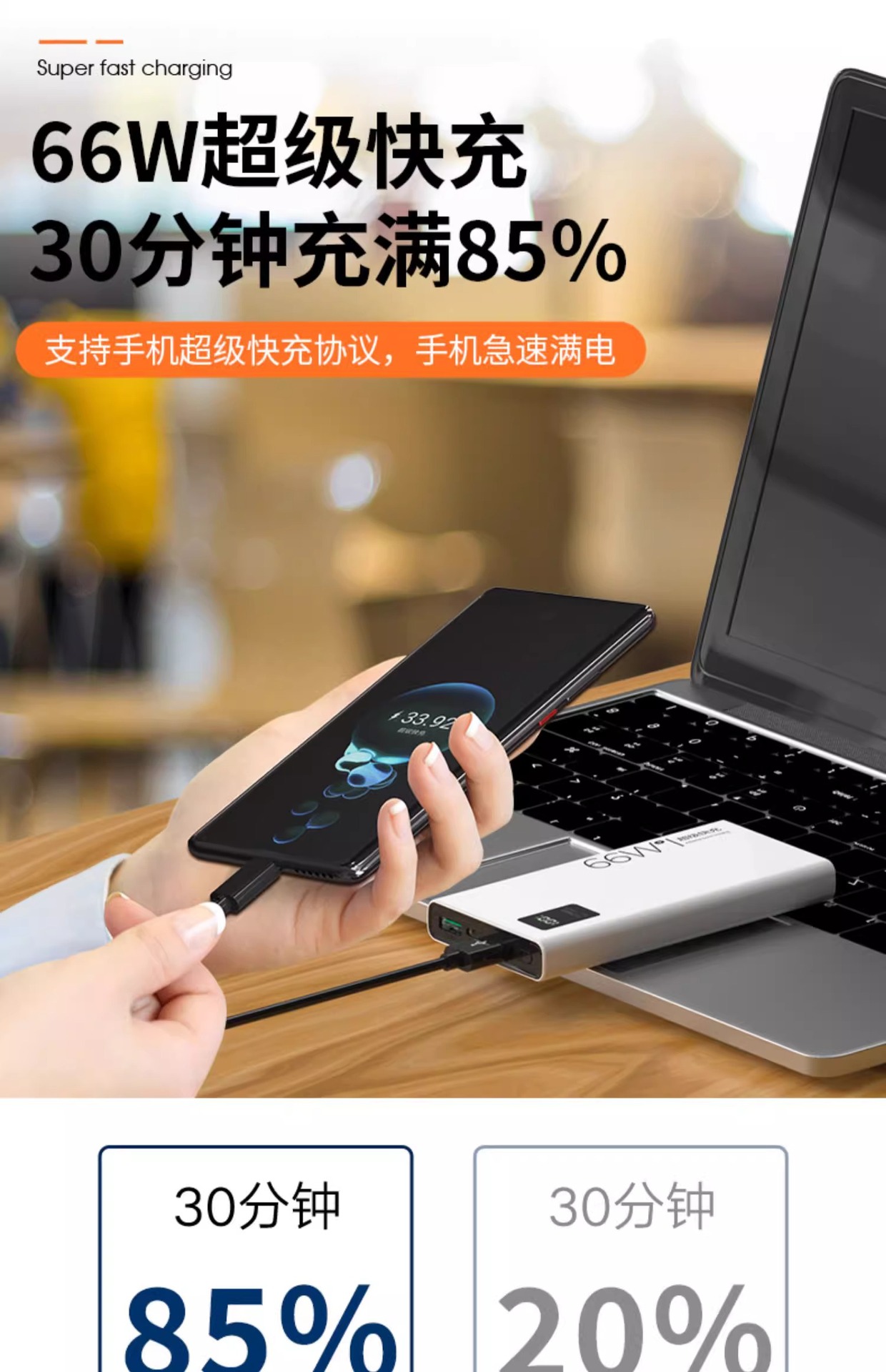批发30000毫安大容量充电宝66W超级快充礼品定 制logo移动电源2万详情4