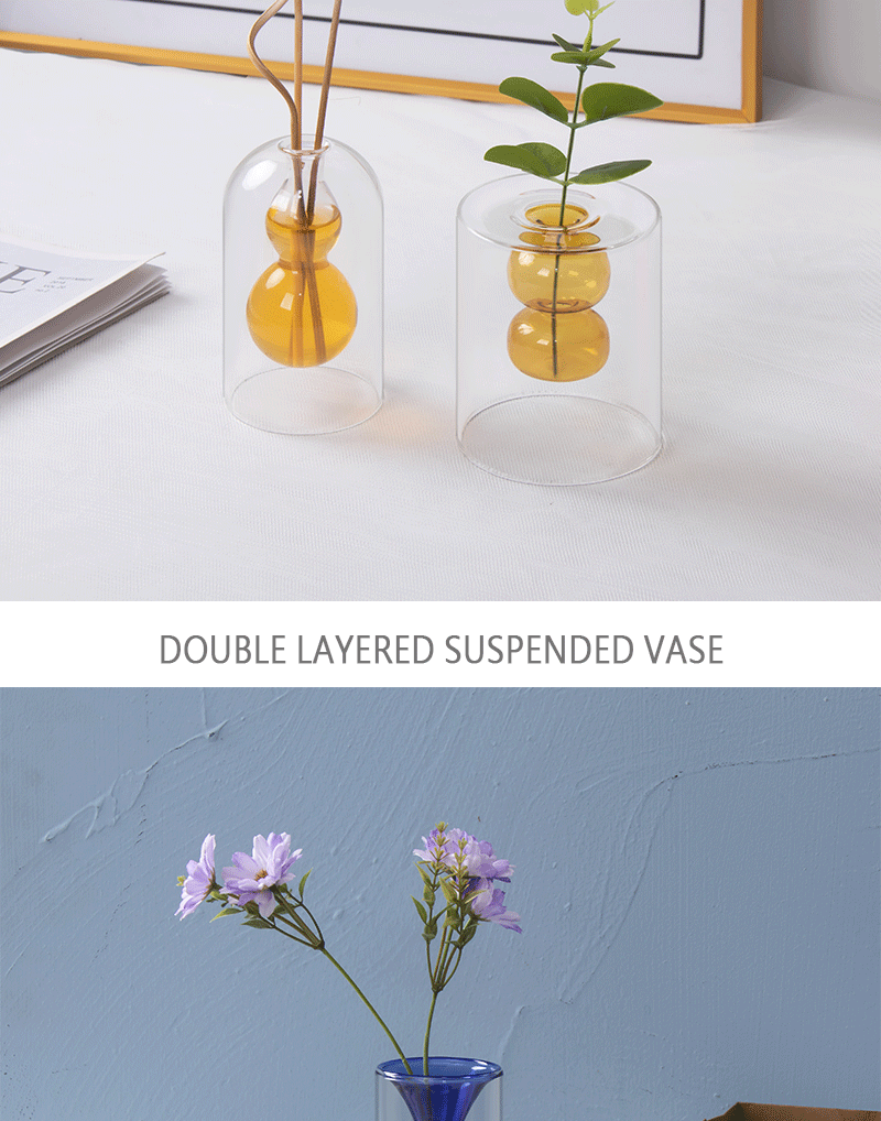 Colored double-layer glass vase, flameless glass art aromatherapy bottle, transparent vase, hydroponic restaurant table decoration pic 16