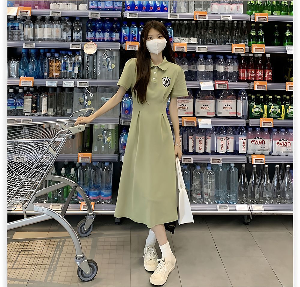 夏季POLO领短袖连衣裙女收腰显瘦过膝长裙学院风中长款休闲A字裙详情3