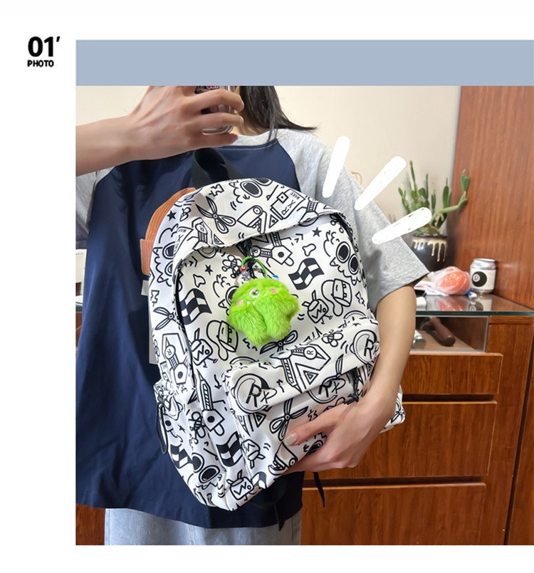 双肩包女时尚简约印花初高中大学生书包韩版潮流涂鸦休闲双肩背包详情2