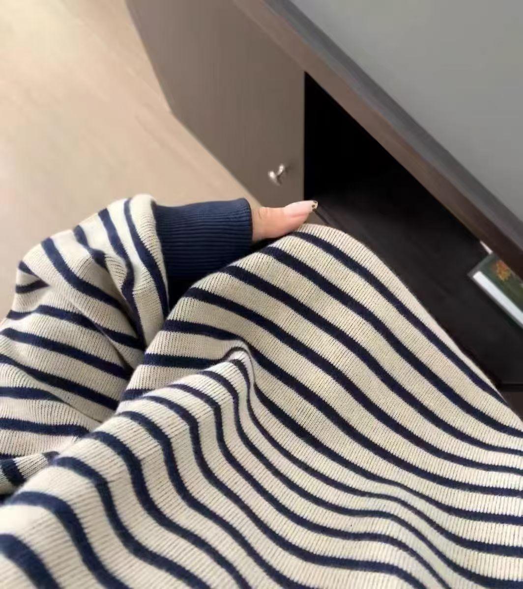 复古港味条纹圆领针织女秋冬新款宽松学院风休闲百搭长袖上衣外套详情10