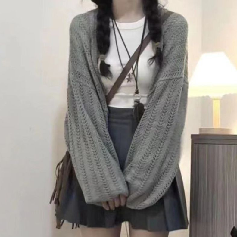 韩版镂空针织衫开衫罩衫女24年夏季气质灰色宽松防晒披肩外套上衣详情7