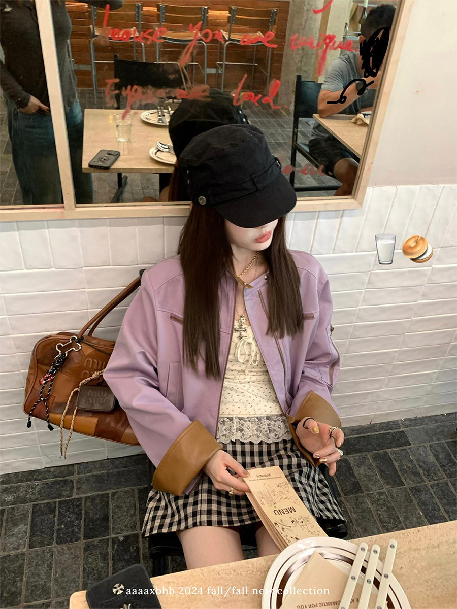 aaaaxbb 希尔维斯画刊 皮拼接棕紫两色初秋外套短款宽松长袖上衣详情3