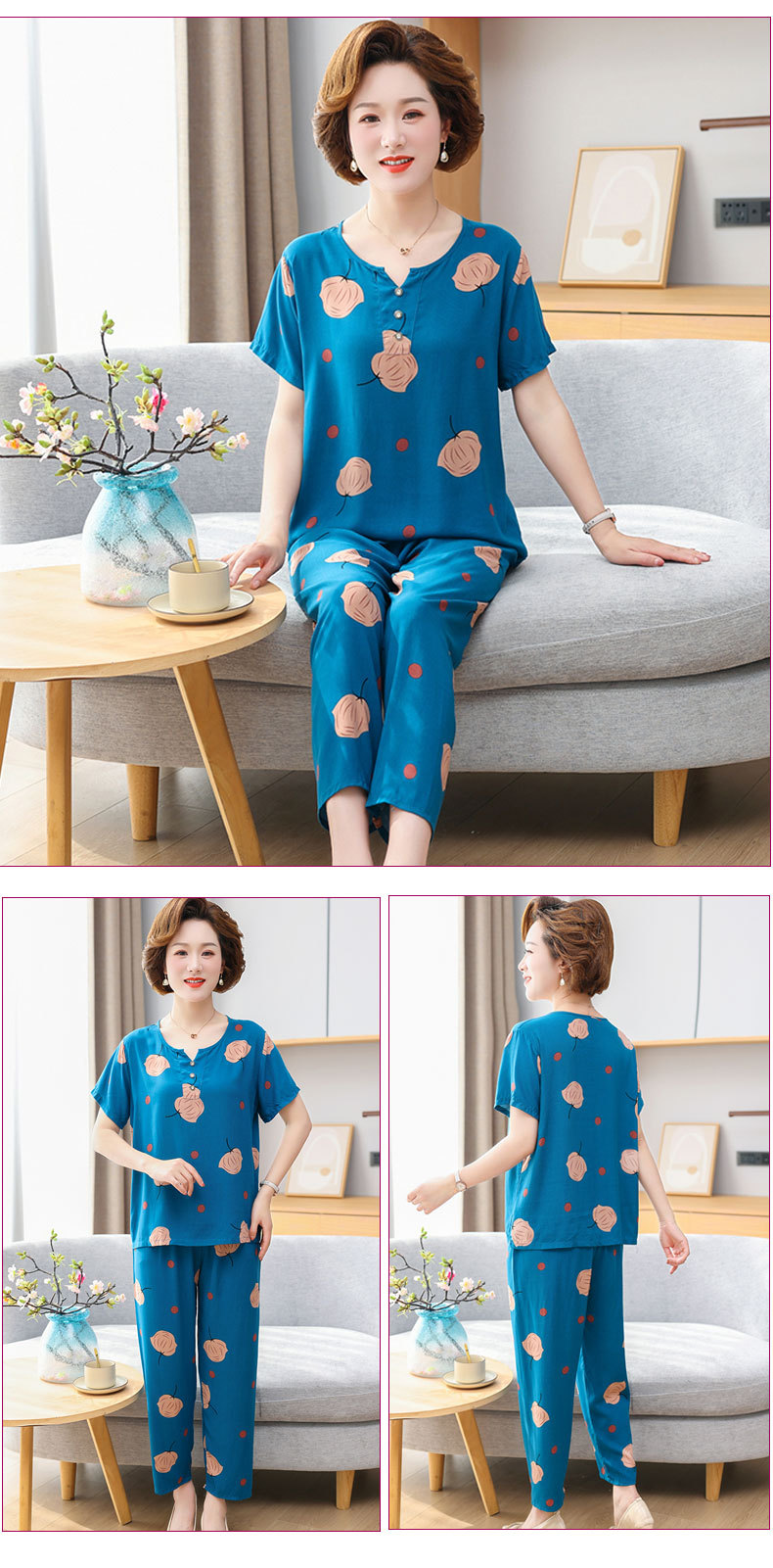 Cotton silk pajamas for women, summer short-sleeved suits, cotton silk for middle-aged and elderly mothers, large-sized artificial cotton home wear for women, suitable for wearing outside pic 7