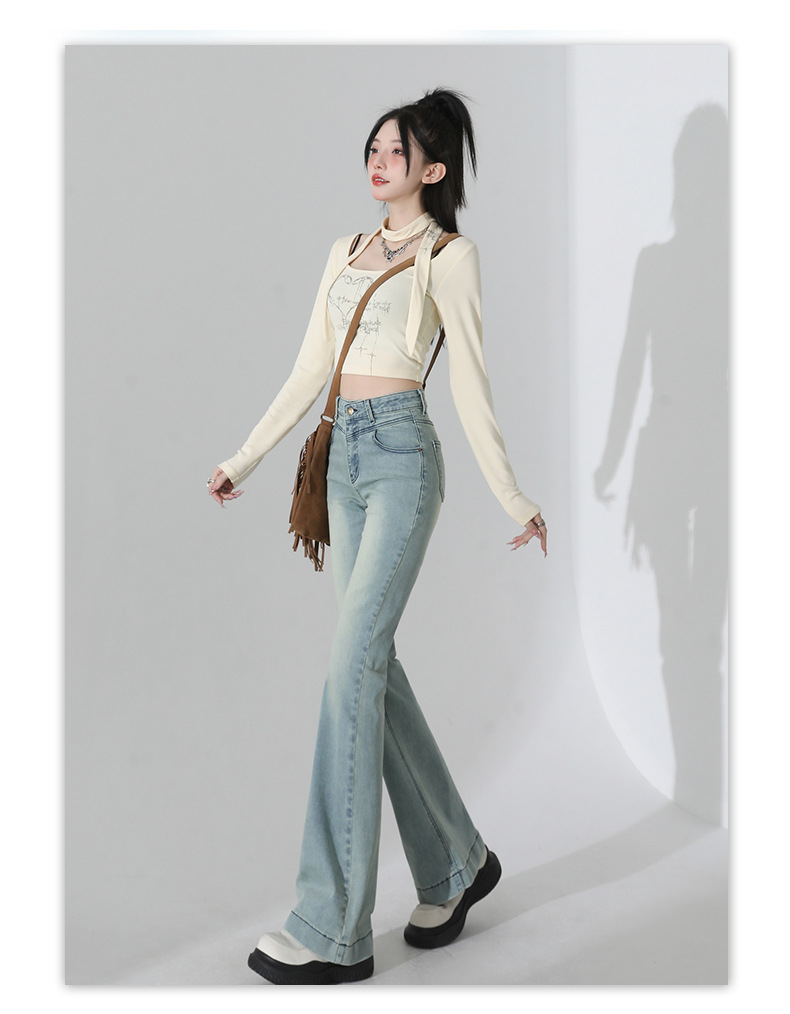 浅蓝色微喇叭牛仔裤女2025年秋季新款高腰设计感弹力小个子喇叭裤详情8