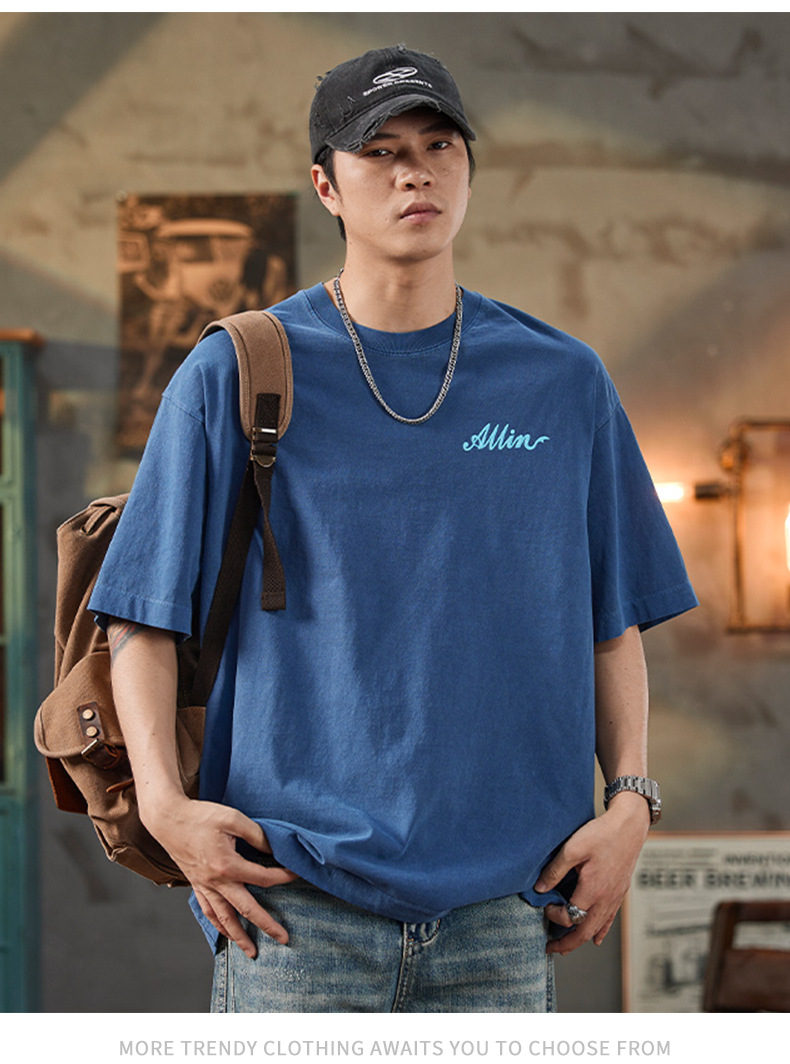 ALLIN pure cotton heavy-duty short-sleeved T-shirt for men, a summer trendy brand with three-dimensional printed letters and loose round-neck couple tops pic 45