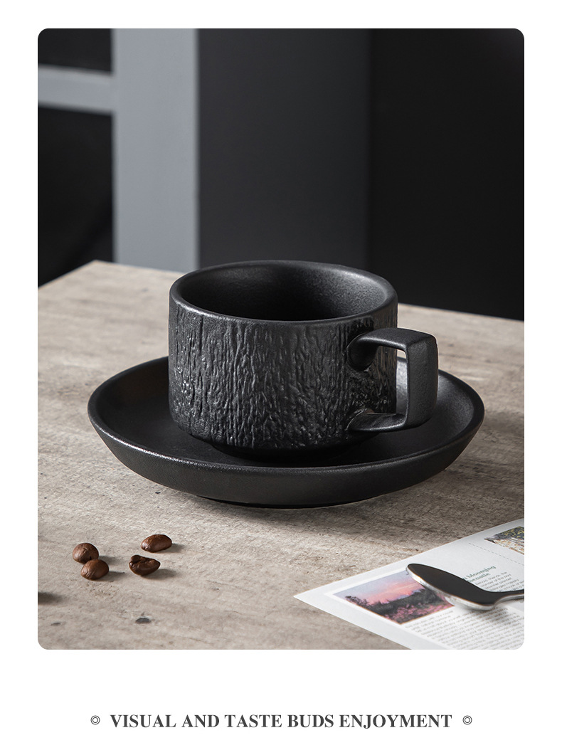 高颜值黑白陶瓷杯碟套装轻奢质感咖啡牛奶早餐下午茶岩石头纹杯子详情8