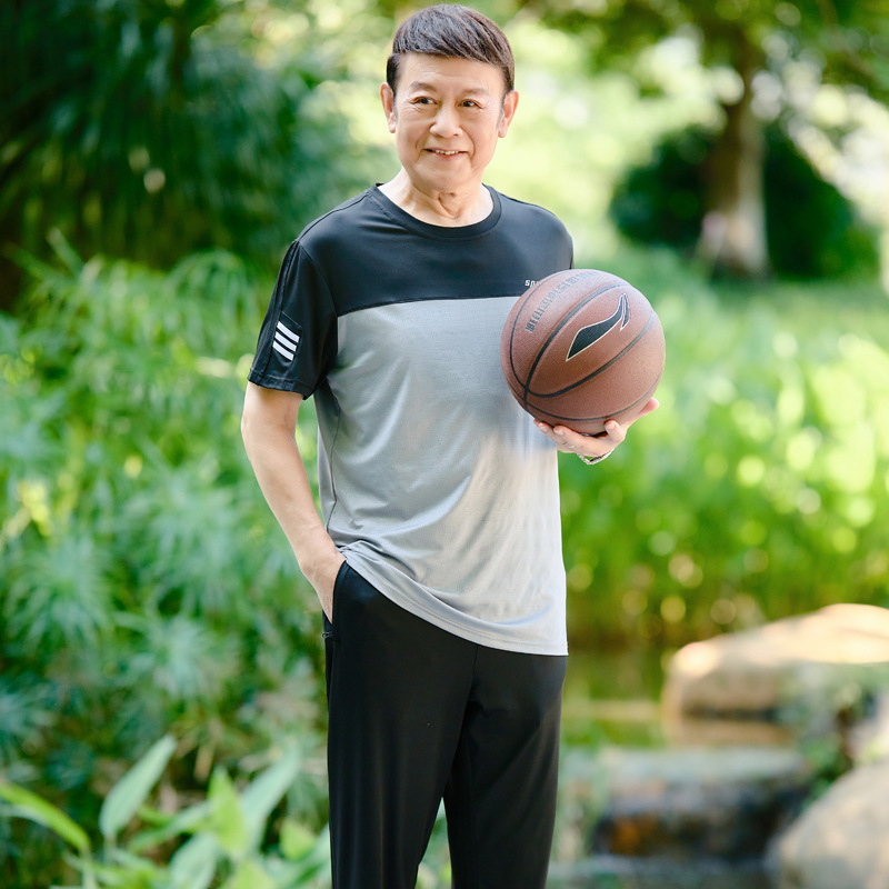 夏季中老年圆领宽松爸爸装短袖棉T恤运动套装男老人薄款衣服批发详情22