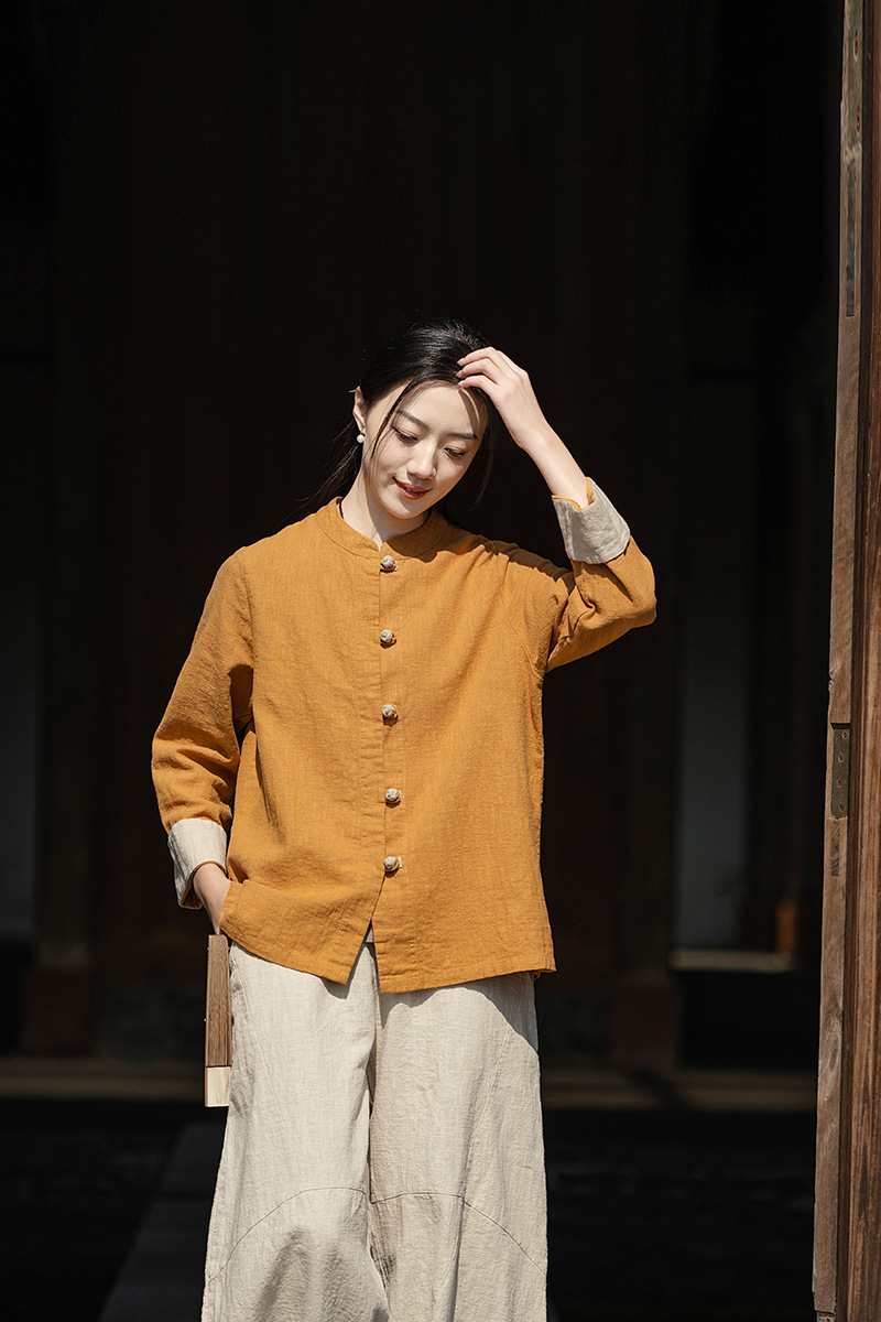 国潮中式棉麻女装拼色盘扣衬衫复古亚麻上衣茶服女禅意中山装国风开衫详情19