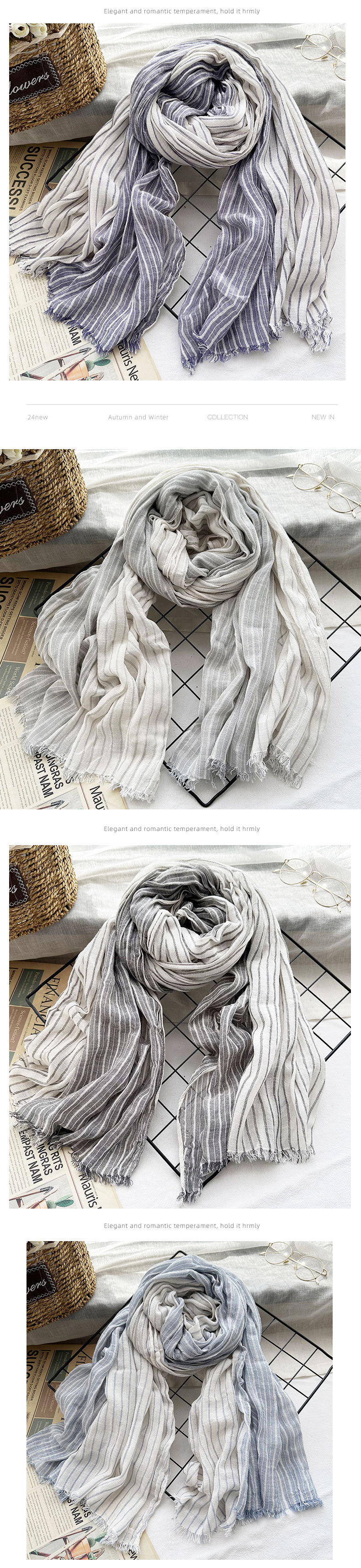 日韩文艺风条纹棉麻围巾女 四季好搭男士围脖森系情侣丝巾披肩潮详情13